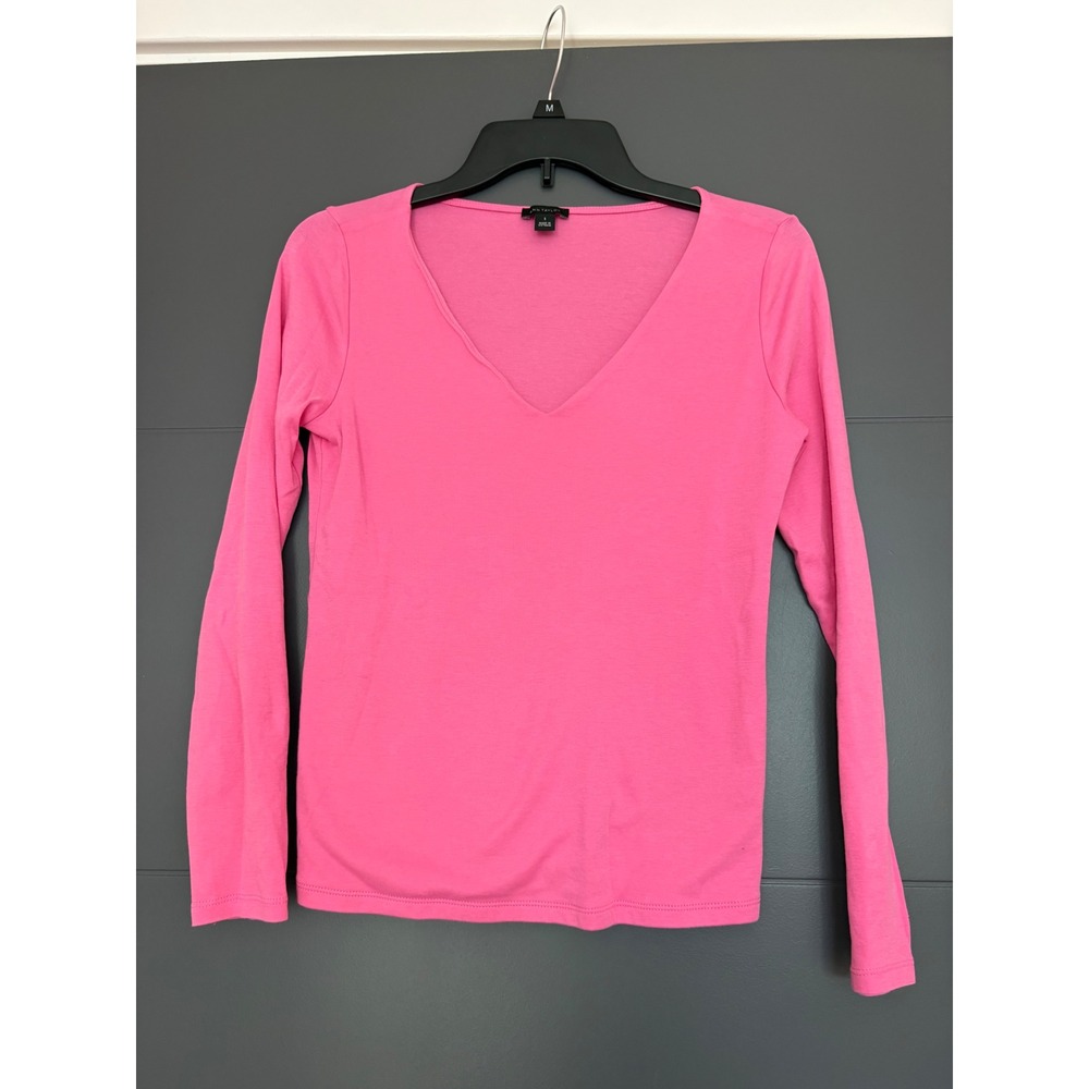 Ann Taylor Womens Pink‎ Long Sleeve V-Neck Cotton Tee Top Size S Small